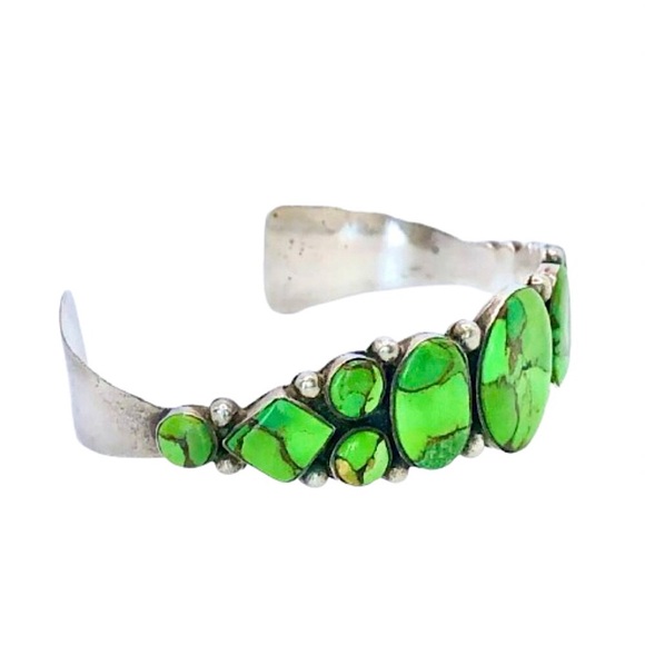 Green Turquoise Cabochon Sterling Silver Cuff  7 inches Philippines - Picture 2 of 7
